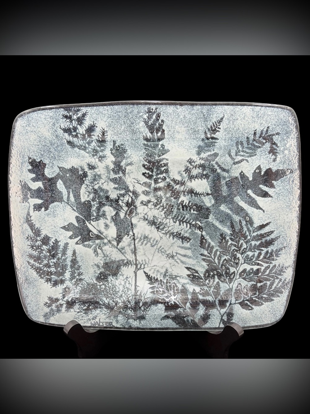 Edwin D. Walter Art Glass Botanical Fused Glass Rectangular Platter Fern Frost